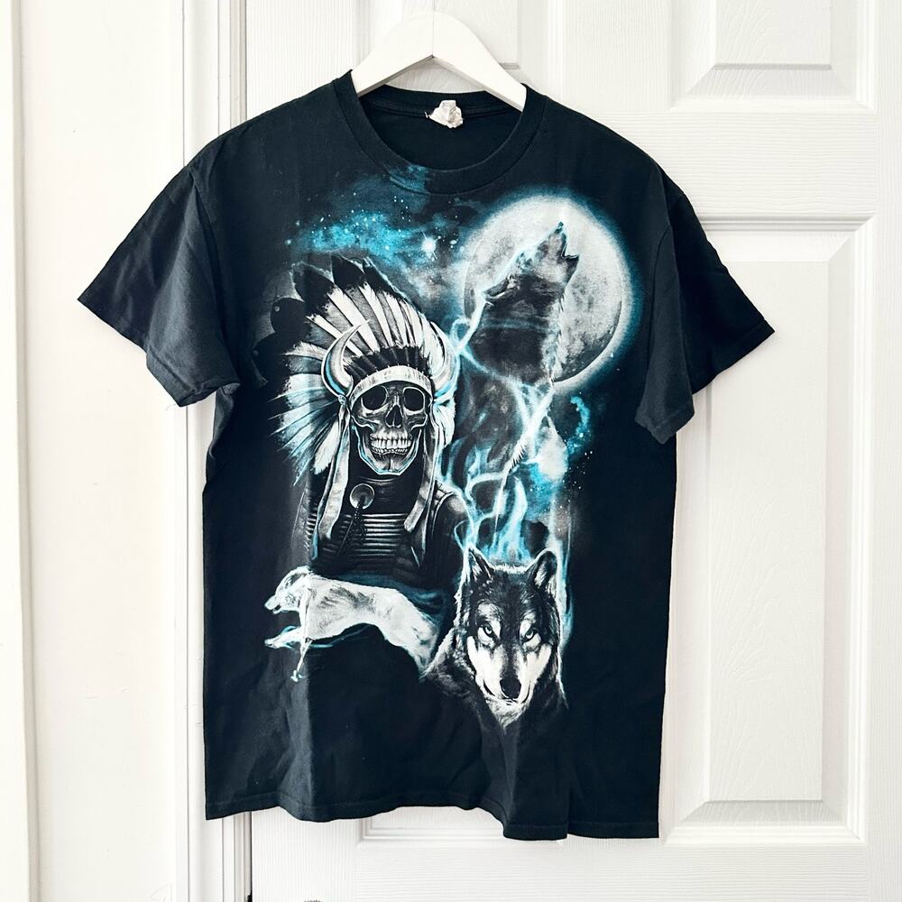 Vintage Gildan Tag Black Blue Native American Skull Howling Wolf Full Moon Tee M